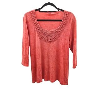 Glima Coral Cotton 3/4 Sleeve‎ Top with Crochet Detail Size XL